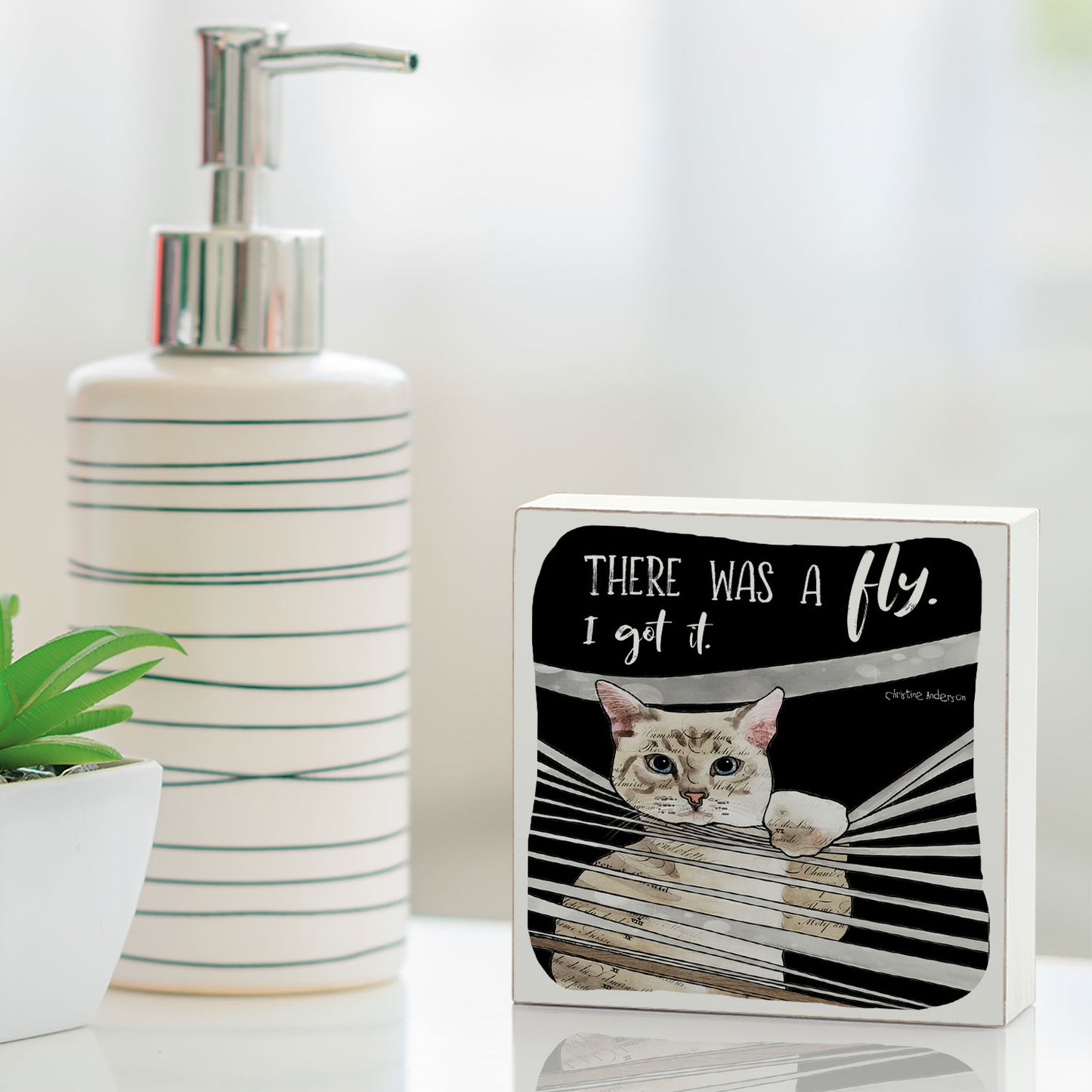 Fly Catching Cat Artistic Freestanding Solid Wood Block Sign Made in the USA 3.75” Square