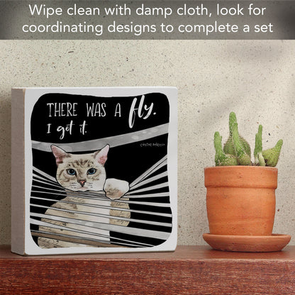 Fly Catching Cat Artistic Freestanding Solid Wood Block Sign Made in the USA 3.75” Square