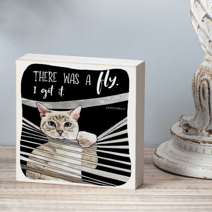 Fly Catching Cat Artistic Freestanding Solid Wood Block Sign Made in the USA 3.75” Square
