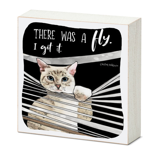 Fly Catching Cat Artistic Freestanding Solid Wood Block Sign Made in the USA 3.75” Square