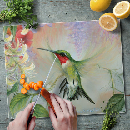 Hummingbird Floral Tempered Glass Cutting Board 15" x 12" Manufactured in the USA