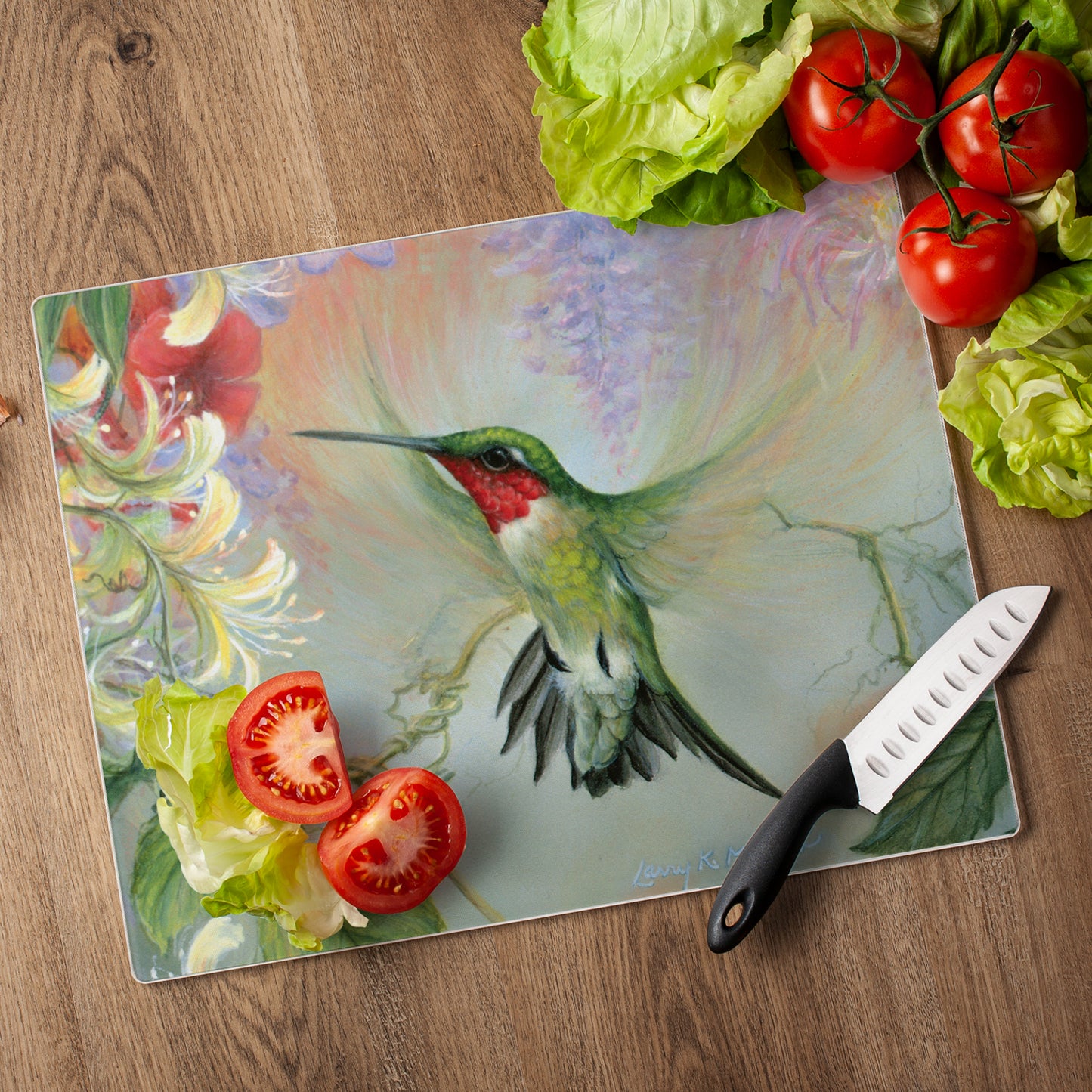 Hummingbird Floral Tempered Glass Cutting Board 15" x 12" Manufactured in the USA