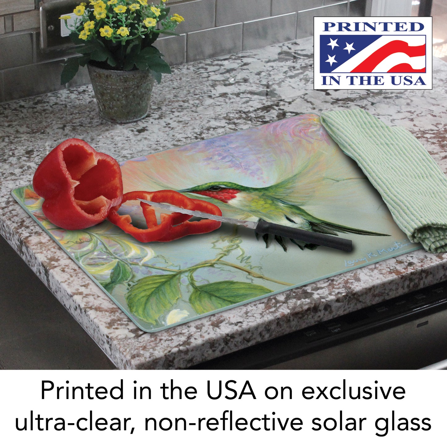 Hummingbird Floral Tempered Glass Cutting Board 15" x 12" Manufactured in the USA