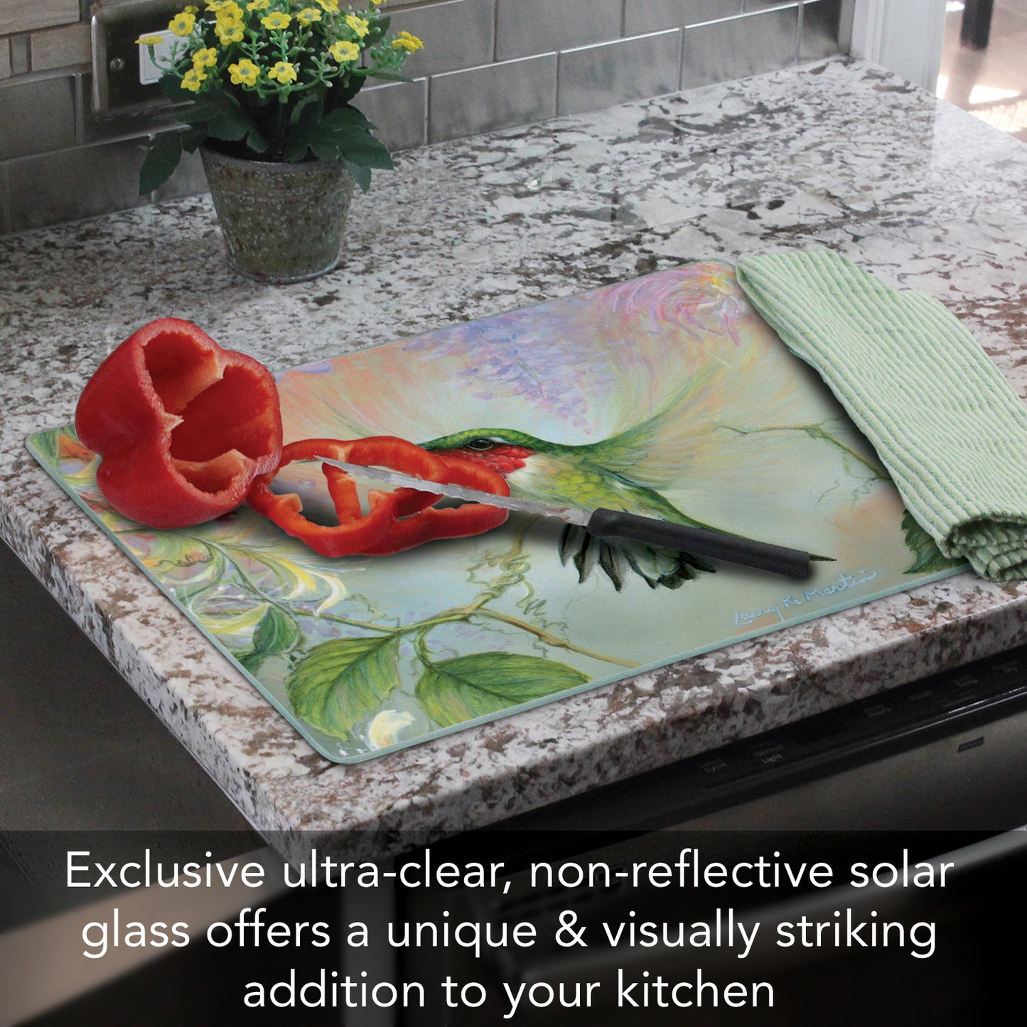Hummingbird Floral Tempered Glass Cutting Board 15" x 12" Manufactured in the USA