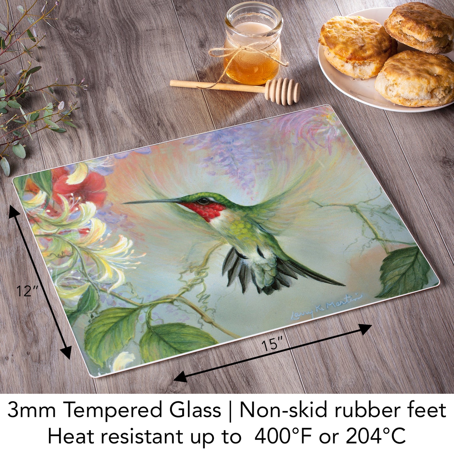 Hummingbird Floral Tempered Glass Cutting Board 15" x 12" Manufactured in the USA