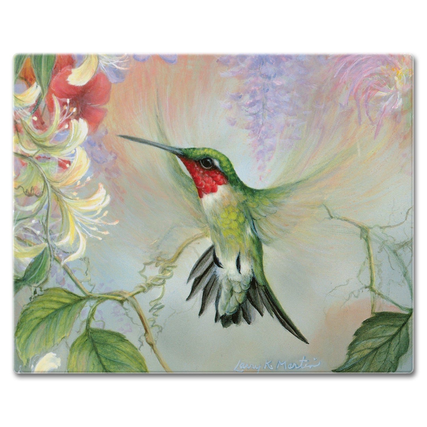 Hummingbird Floral Tempered Glass Cutting Board 15" x 12" Manufactured in the USA