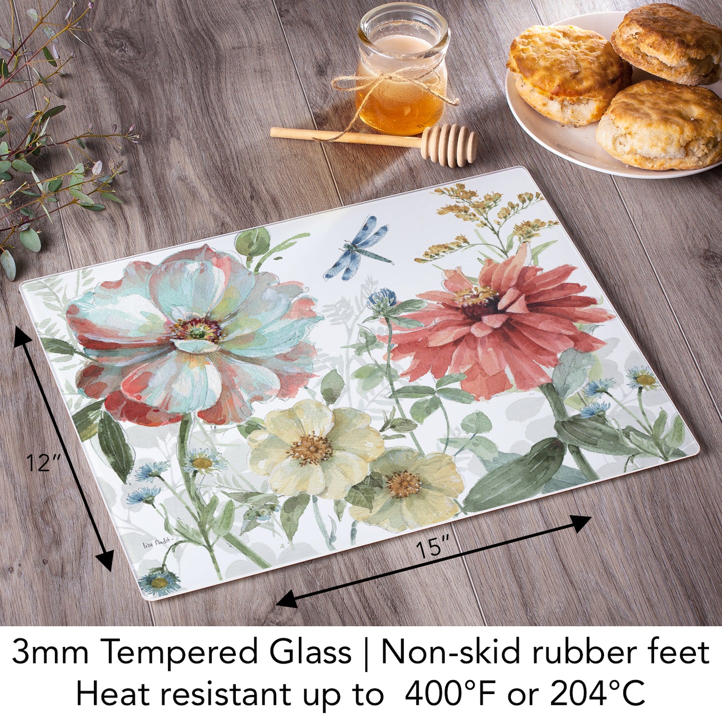 CounterArt Spring Meadow 3mm Tempered Glass Cutting Board 15” x 12” Manufactured in the USA