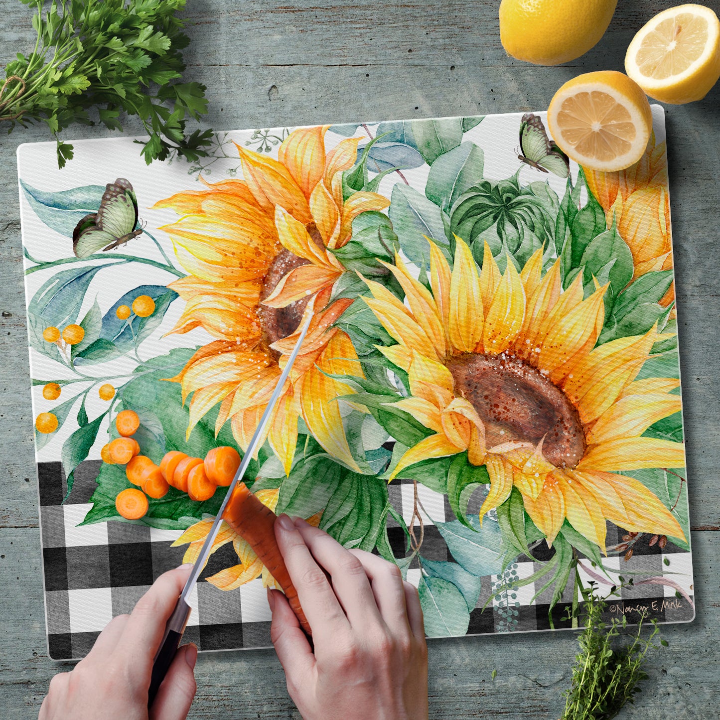 CounterArt Sunflower Fields 3mm Tempered Glass Cutting Board 12" x 15" Manufactured in the USA
