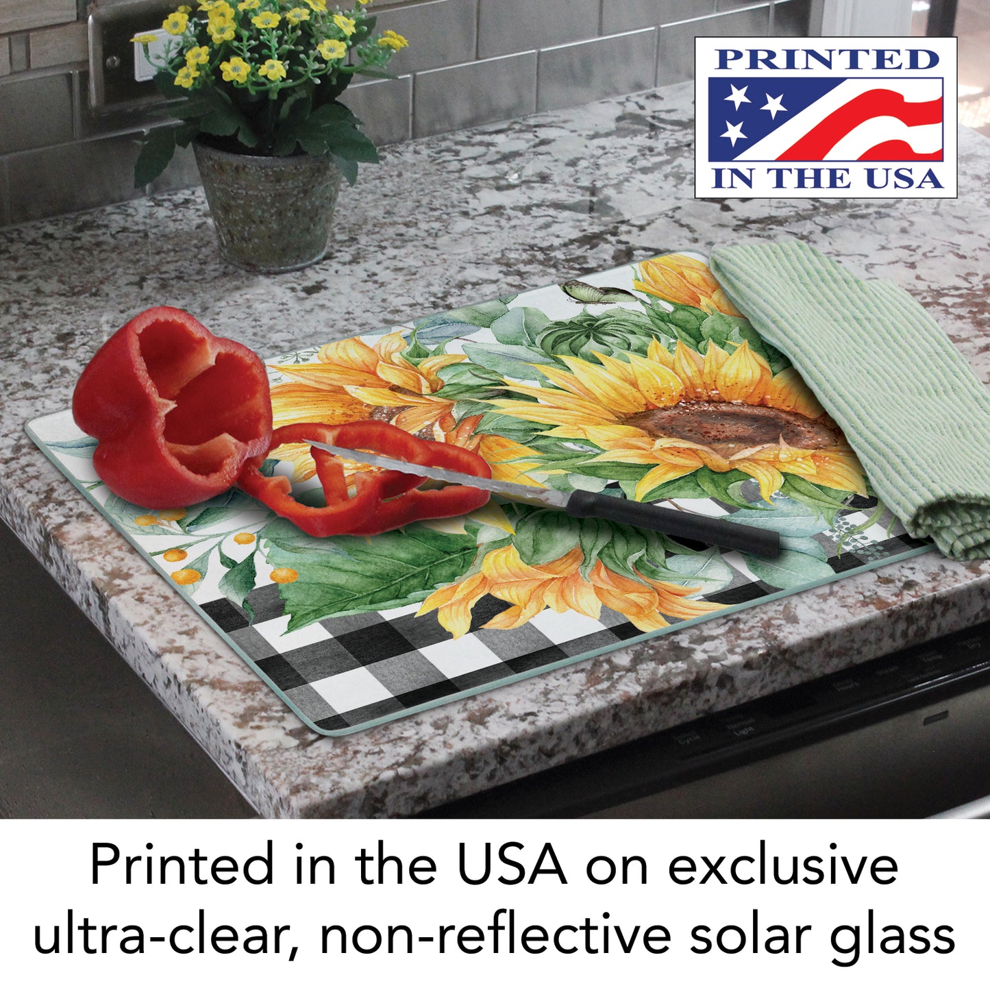 CounterArt Sunflower Fields 3mm Tempered Glass Cutting Board 12" x 15" Manufactured in the USA