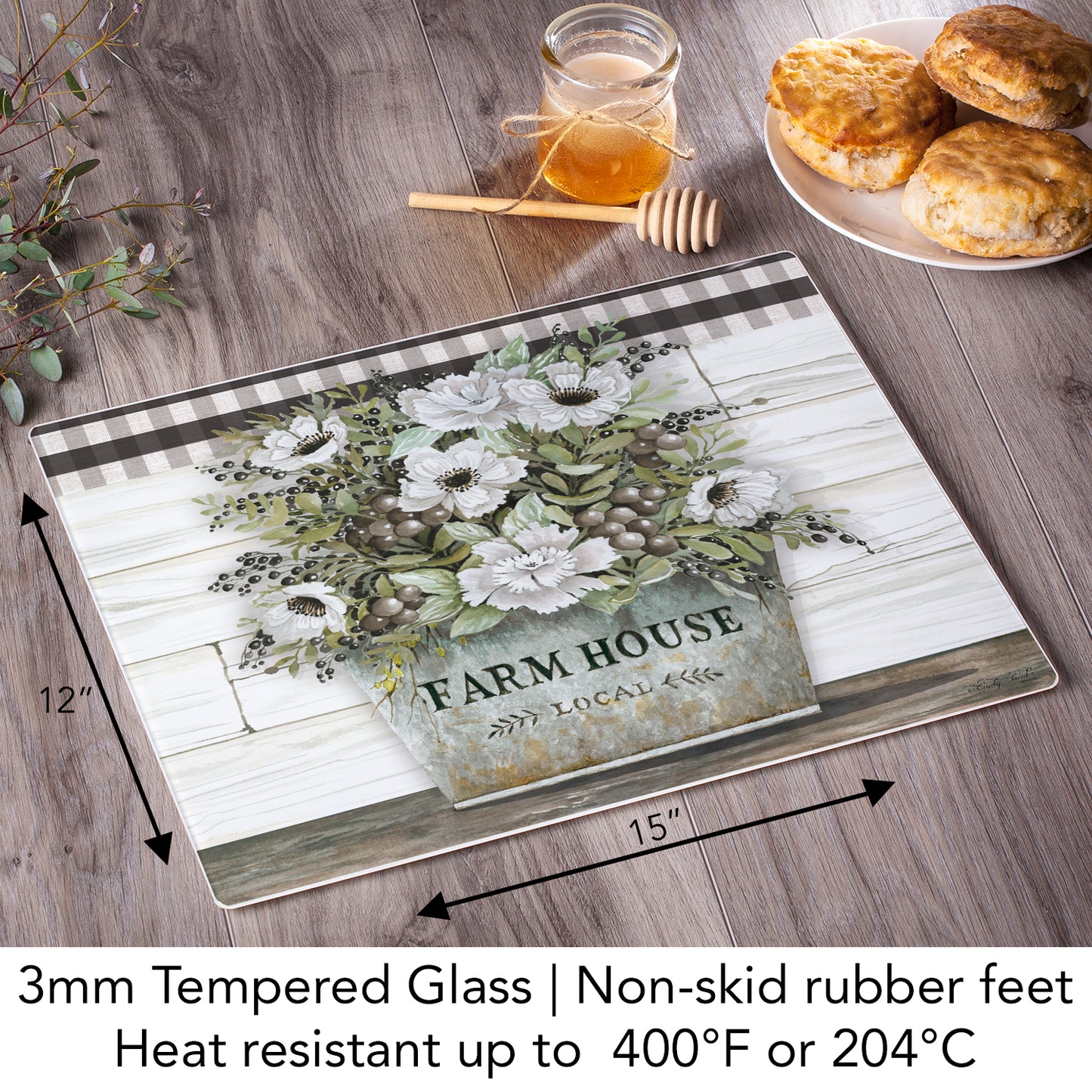 CounterArt Vintage Farmhouse 3mm Tempered Glass Cutting Board 15” x 12” Manufactured in the USA