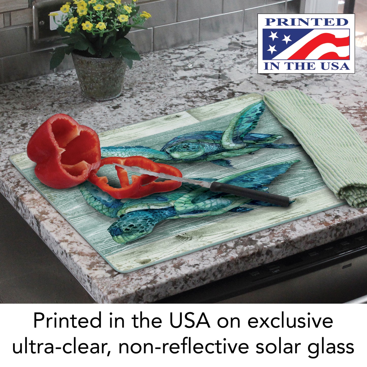 CounterArt Northpoint Turtles 3mm Tempered Glass Cutting Board 15" x 12" Manufactured in the USA