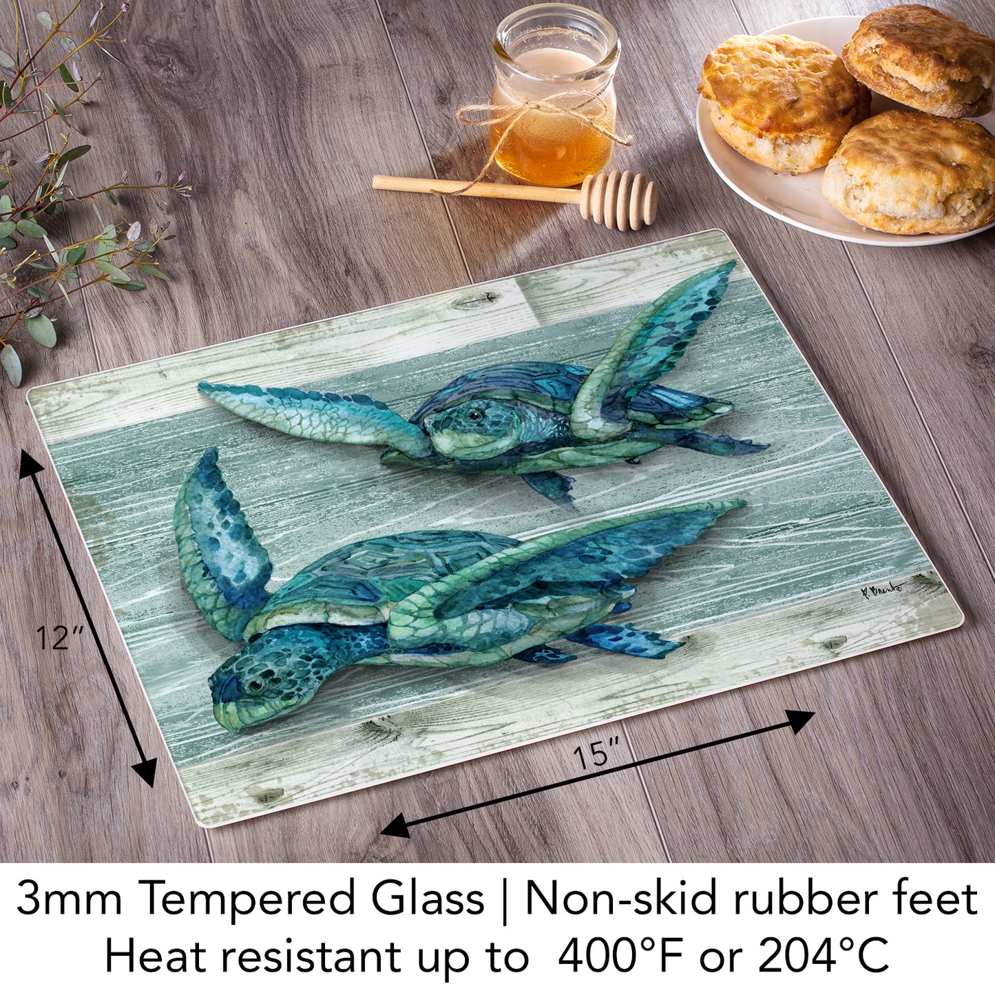 CounterArt Northpoint Turtles 3mm Tempered Glass Cutting Board 15" x 12" Manufactured in the USA