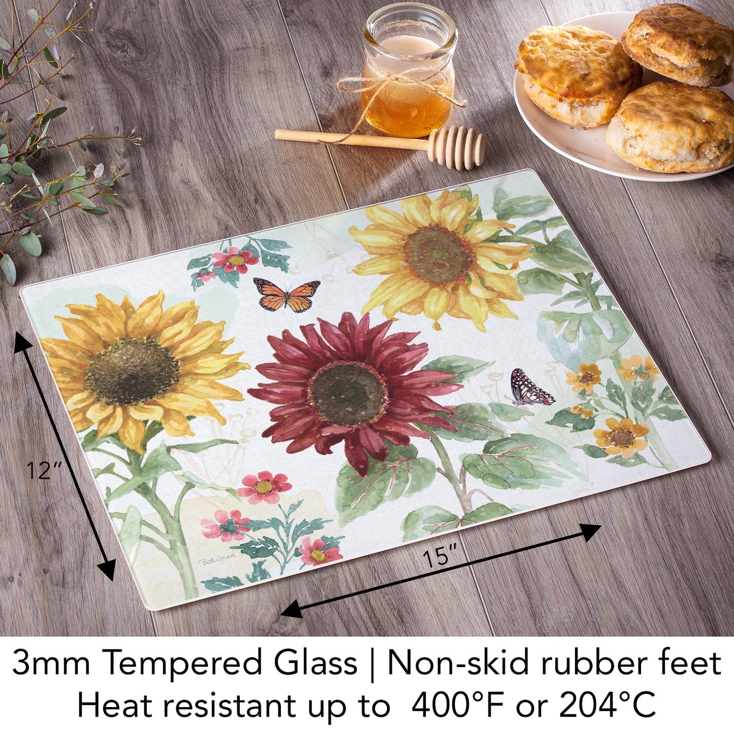 CounterArt Sunflower Splendor 3mm Tempered Glass Cutting Board 15" x 12"