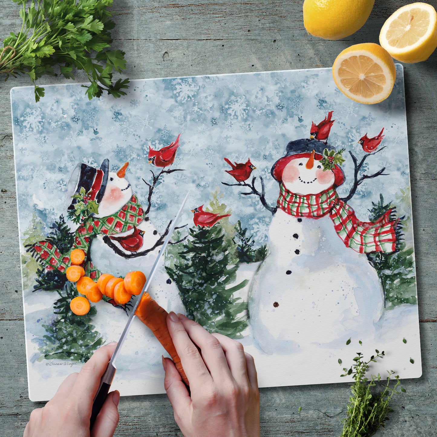 CounterArt Watercolor Snowman 3mm Tempered Glass Cutting Board 15" x 12" Manufactured in the USA