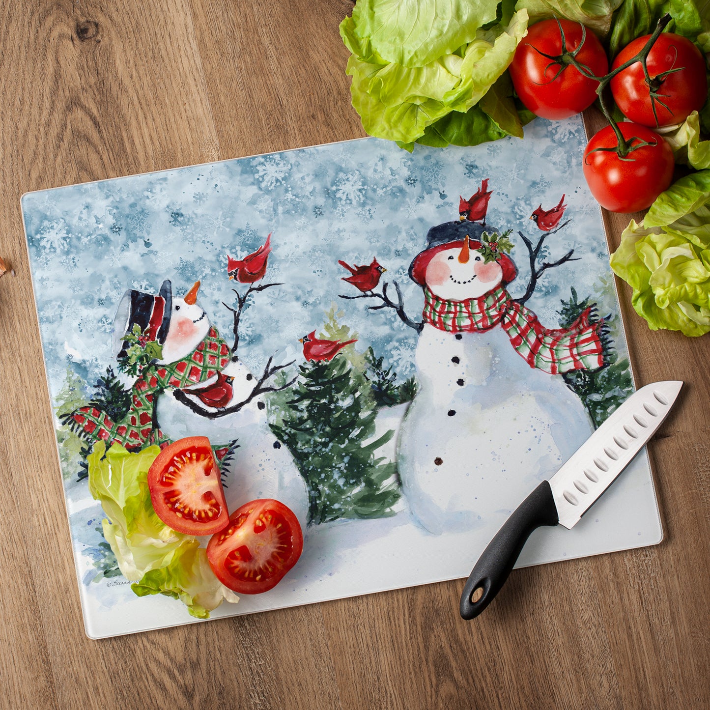 CounterArt Watercolor Snowman 3mm Tempered Glass Cutting Board 15" x 12" Manufactured in the USA