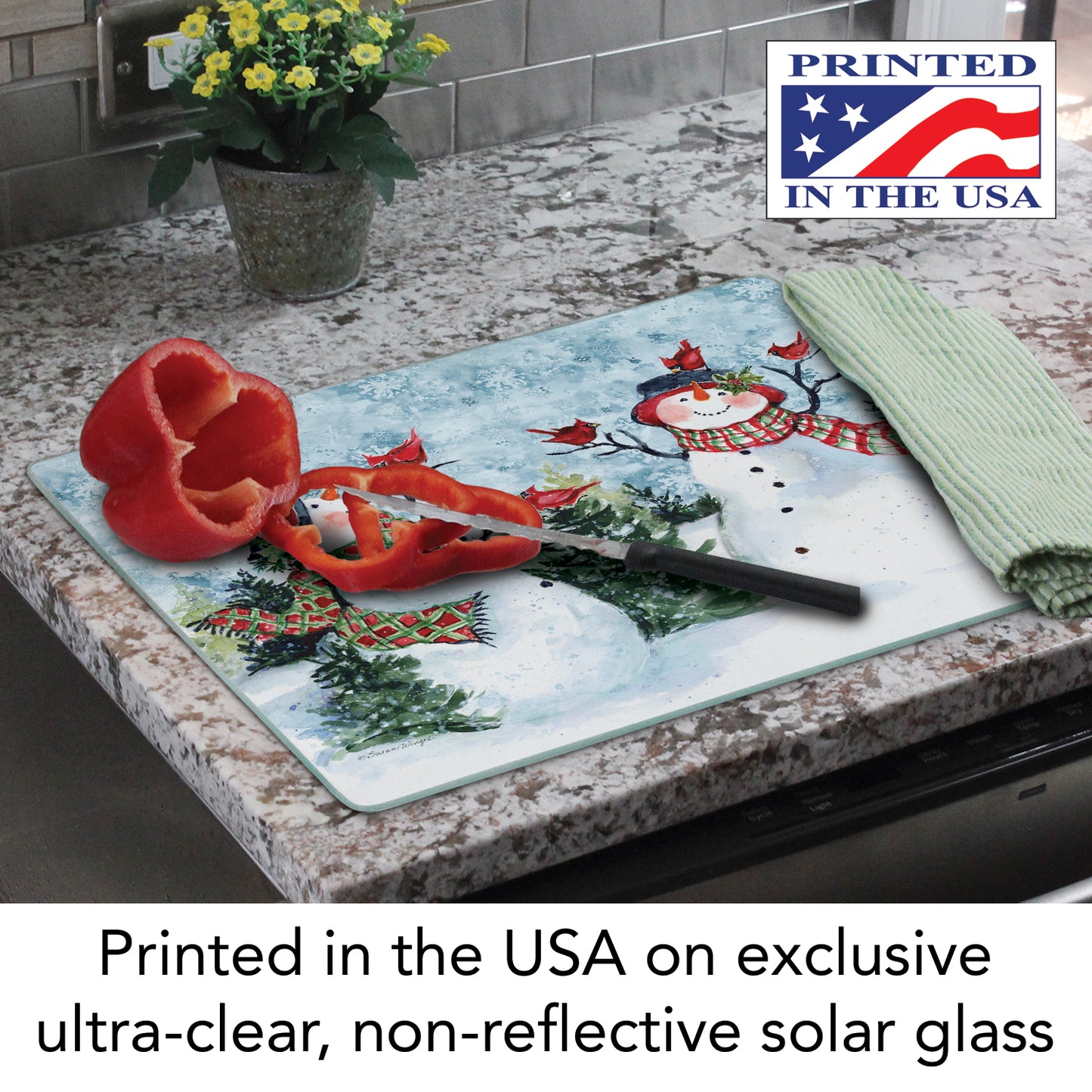 CounterArt Watercolor Snowman 3mm Tempered Glass Cutting Board 15" x 12" Manufactured in the USA