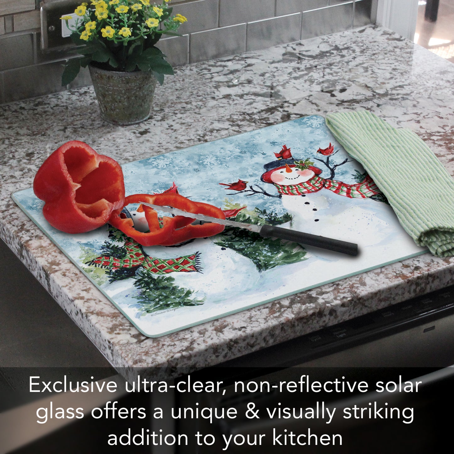 CounterArt Watercolor Snowman 3mm Tempered Glass Cutting Board 15" x 12" Manufactured in the USA