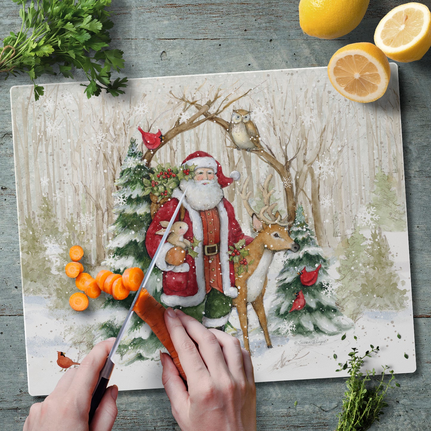 CounterArt Winter Forest Santa 3mm Tempered Glass Cutting Board 15" x 12" Manufactured in the USA