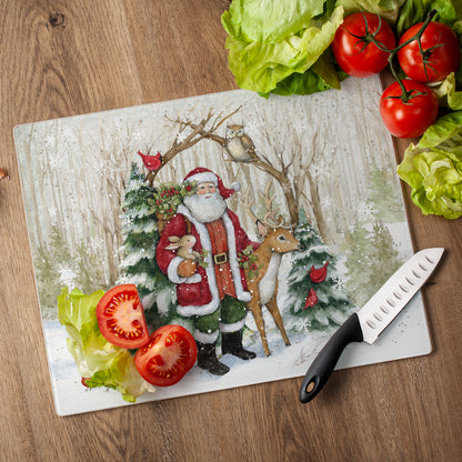 CounterArt Winter Forest Santa 3mm Tempered Glass Cutting Board 15" x 12" Manufactured in the USA