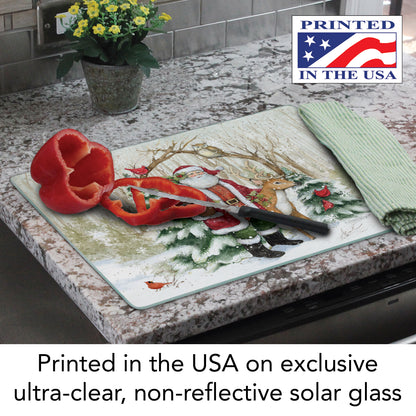 CounterArt Winter Forest Santa 3mm Tempered Glass Cutting Board 15" x 12" Manufactured in the USA