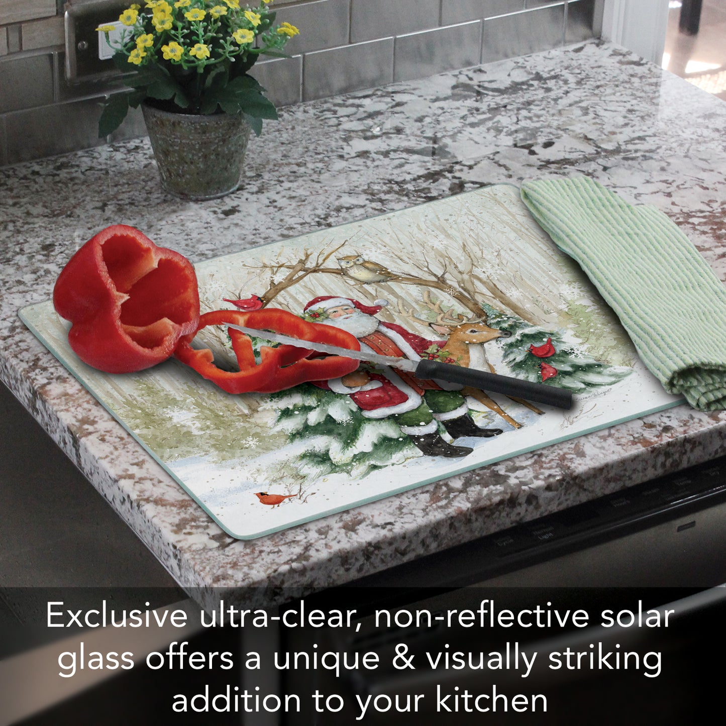 CounterArt Winter Forest Santa 3mm Tempered Glass Cutting Board 15" x 12" Manufactured in the USA