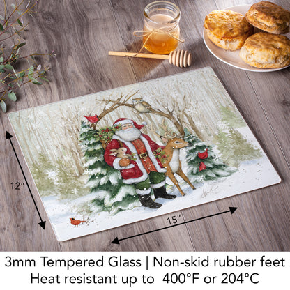 CounterArt Winter Forest Santa 3mm Tempered Glass Cutting Board 15" x 12" Manufactured in the USA