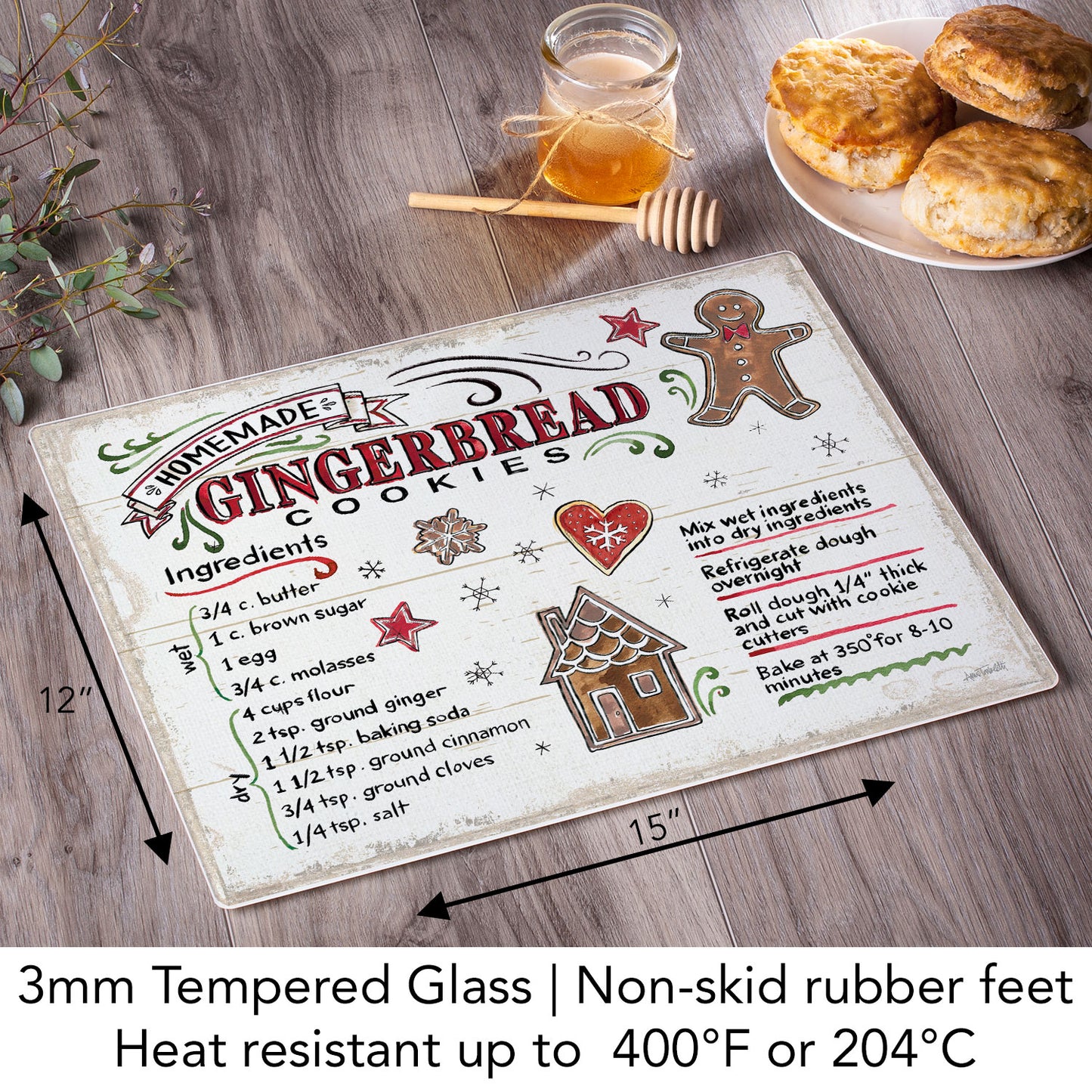CounterArt Holiday Treats 3mm Tempered Glass Cutting Board 15" x 12" Manufactured in the USA