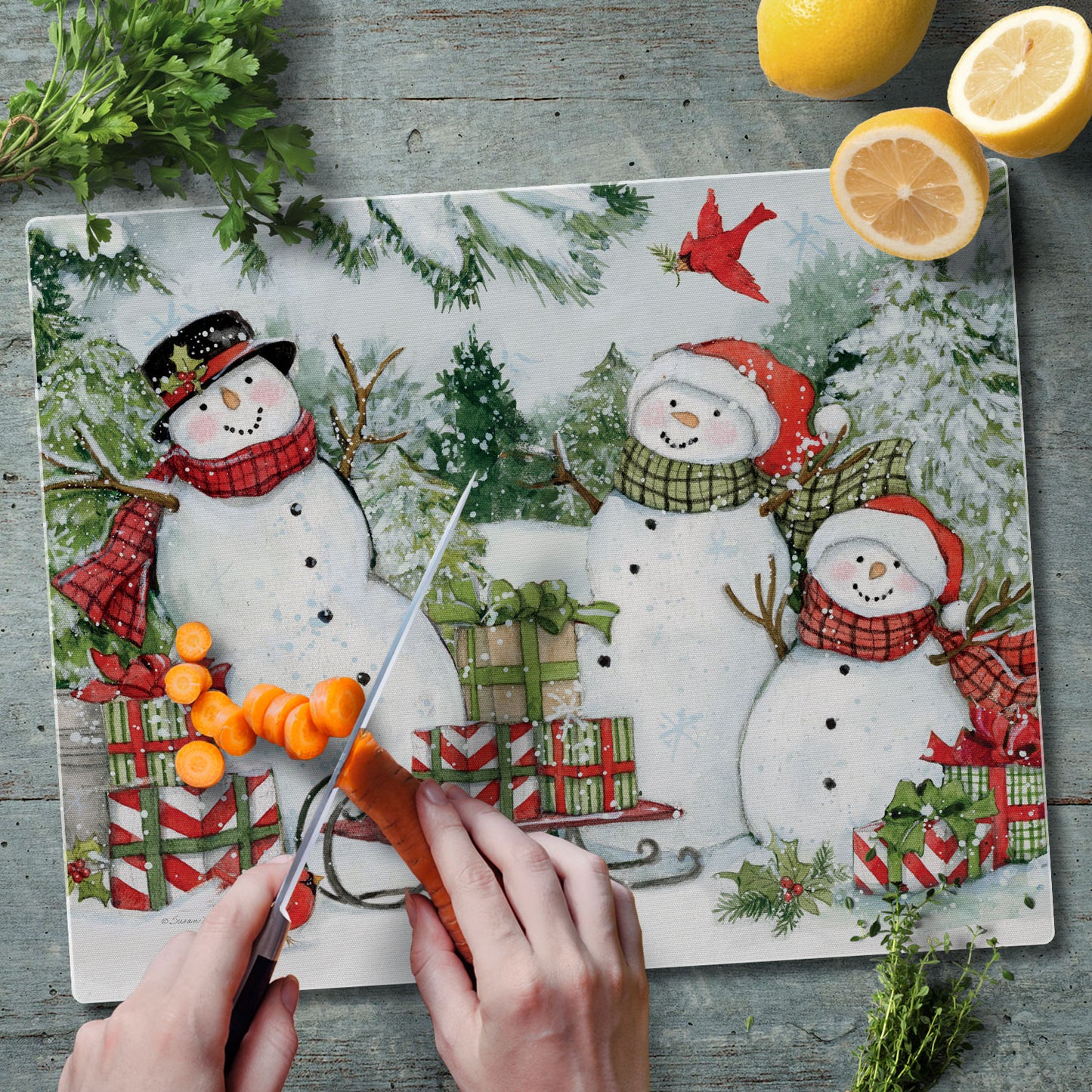 CounterArt Snowman's Farmhouse 3mm Tempered Glass Cutting Board 15" x 12" Manufactured in the USA