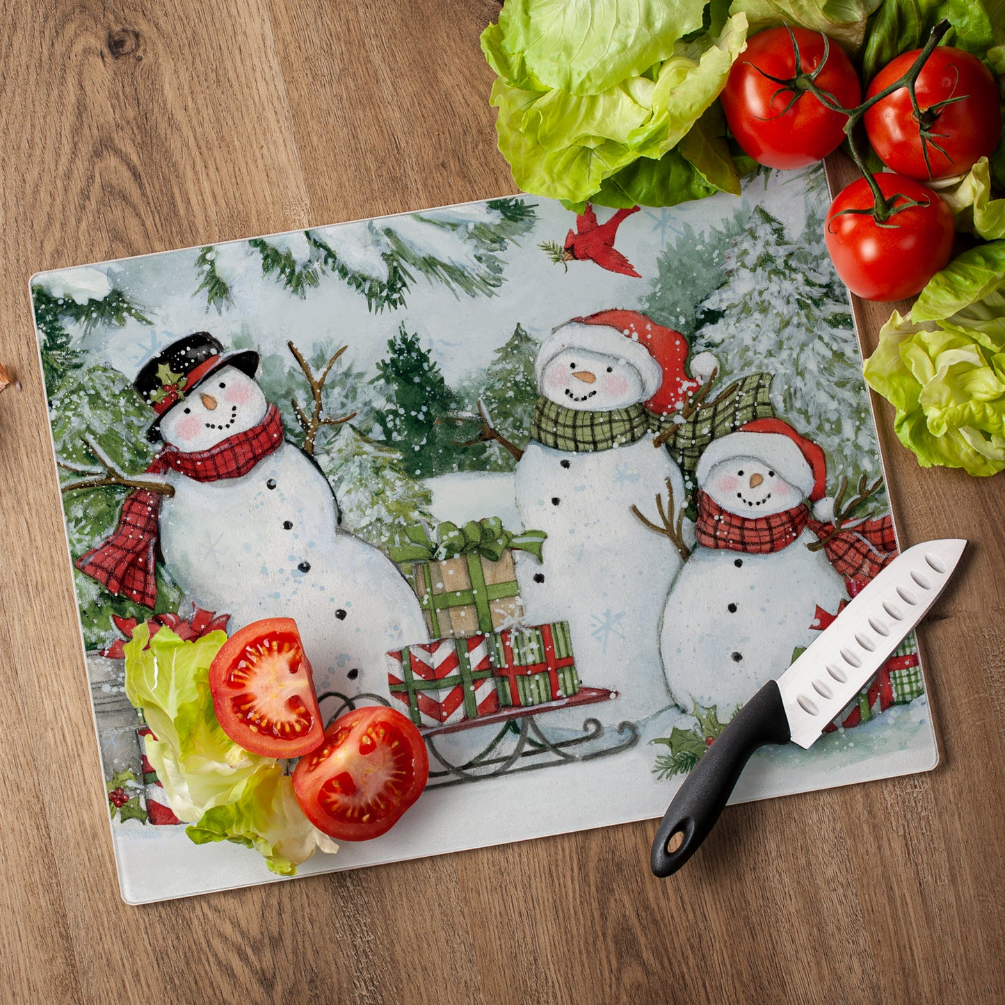 CounterArt Snowman's Farmhouse 3mm Tempered Glass Cutting Board 15" x 12" Manufactured in the USA