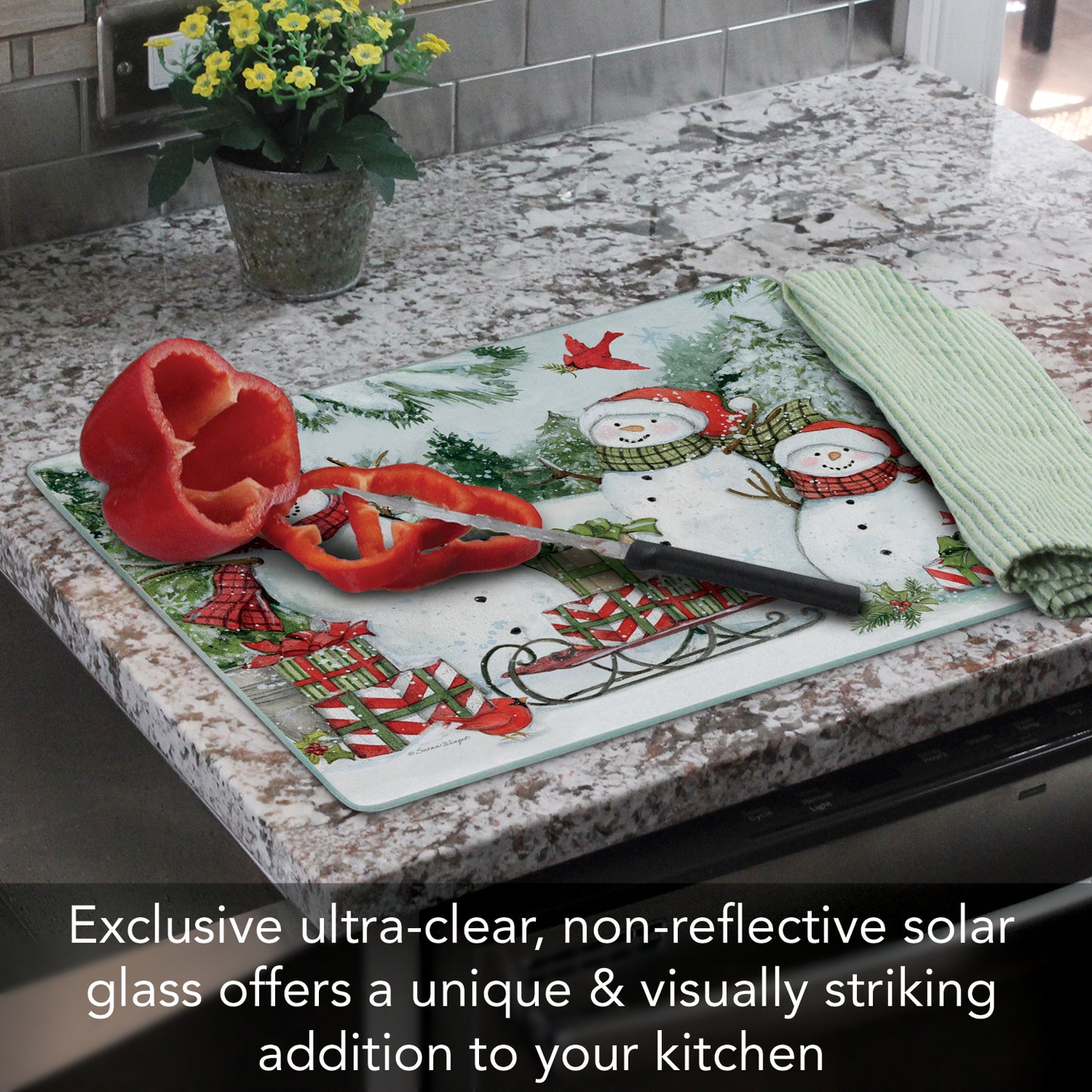 CounterArt Snowman's Farmhouse 3mm Tempered Glass Cutting Board 15" x 12" Manufactured in the USA