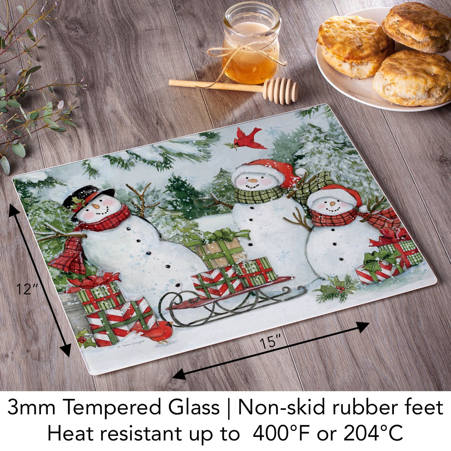 CounterArt Snowman's Farmhouse 3mm Tempered Glass Cutting Board 15" x 12" Manufactured in the USA