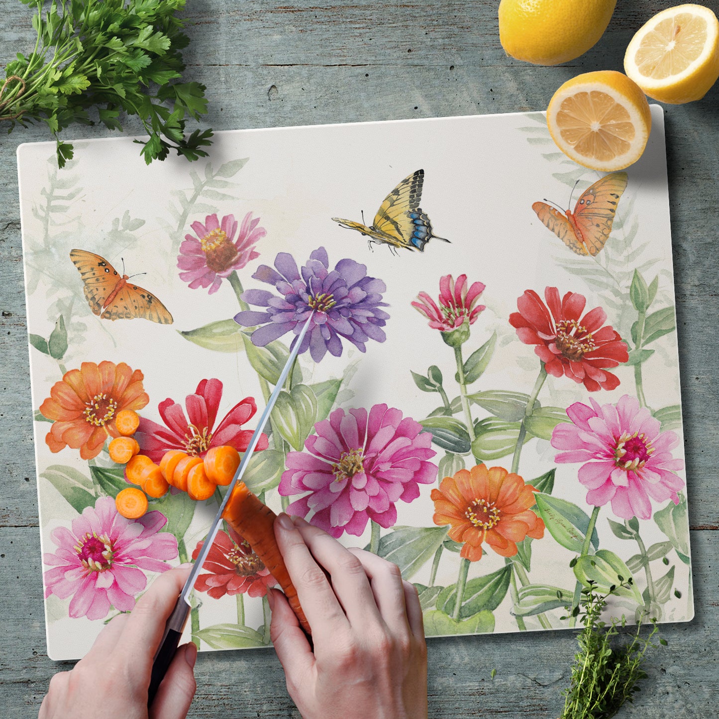 CounterArt Zinnias & Butterflies 3mm Tempered Glass Cutting Board 15" x 12" Manufactured in the USA