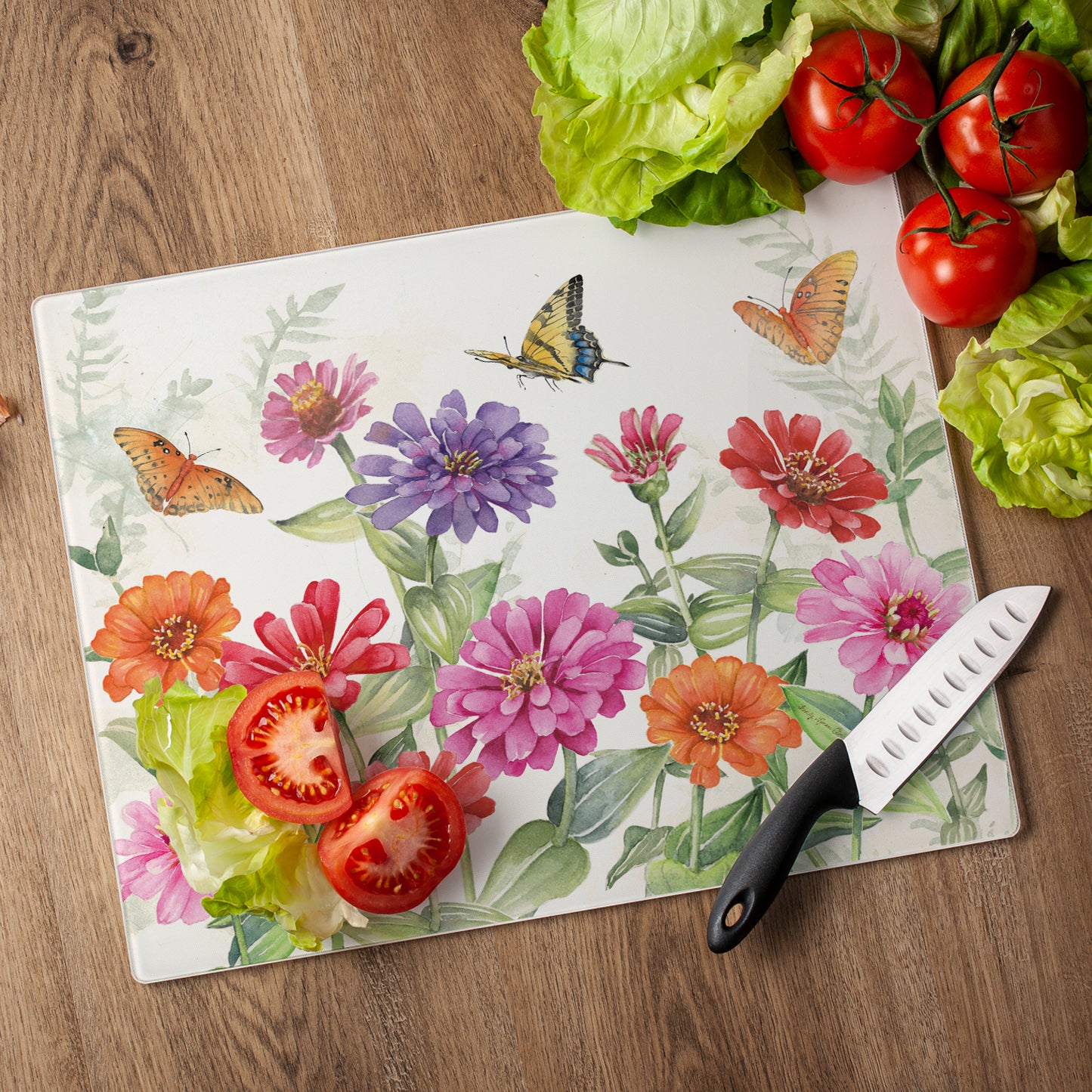 CounterArt Zinnias & Butterflies 3mm Tempered Glass Cutting Board 15" x 12" Manufactured in the USA