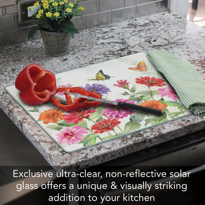 CounterArt Zinnias & Butterflies 3mm Tempered Glass Cutting Board 15" x 12" Manufactured in the USA