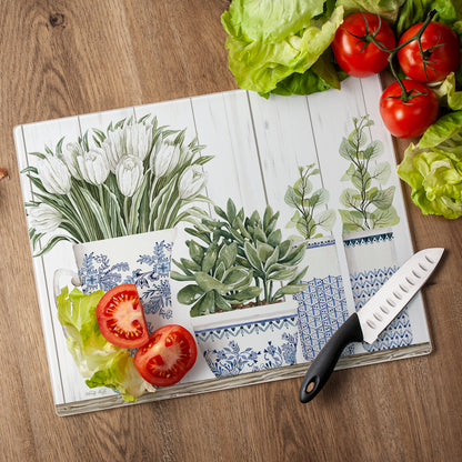 CounterArt Blue & White Pottery 3mm Tempered Glass Cutting Board 15" x 12" Manufactured in the USA