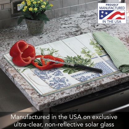 CounterArt Blue & White Pottery 3mm Tempered Glass Cutting Board 15" x 12" Manufactured in the USA