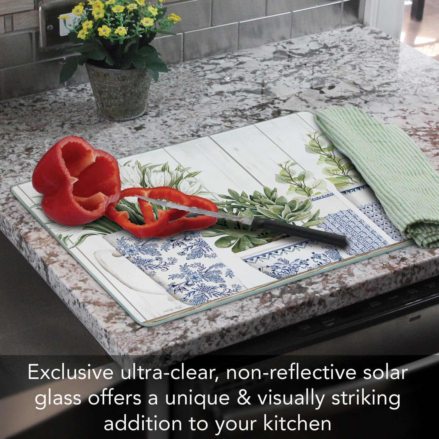 CounterArt Blue & White Pottery 3mm Tempered Glass Cutting Board 15" x 12" Manufactured in the USA