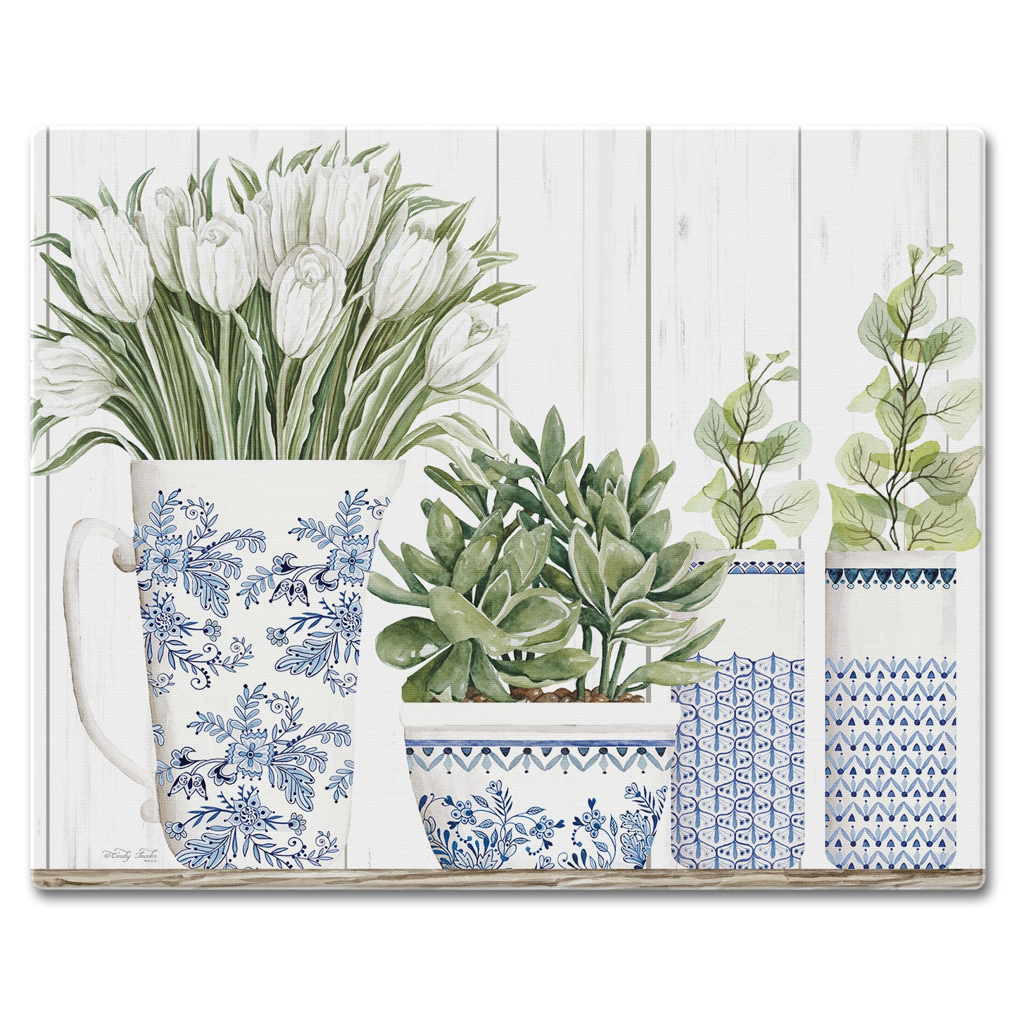 CounterArt Blue & White Pottery 3mm Tempered Glass Cutting Board 15" x 12" Manufactured in the USA