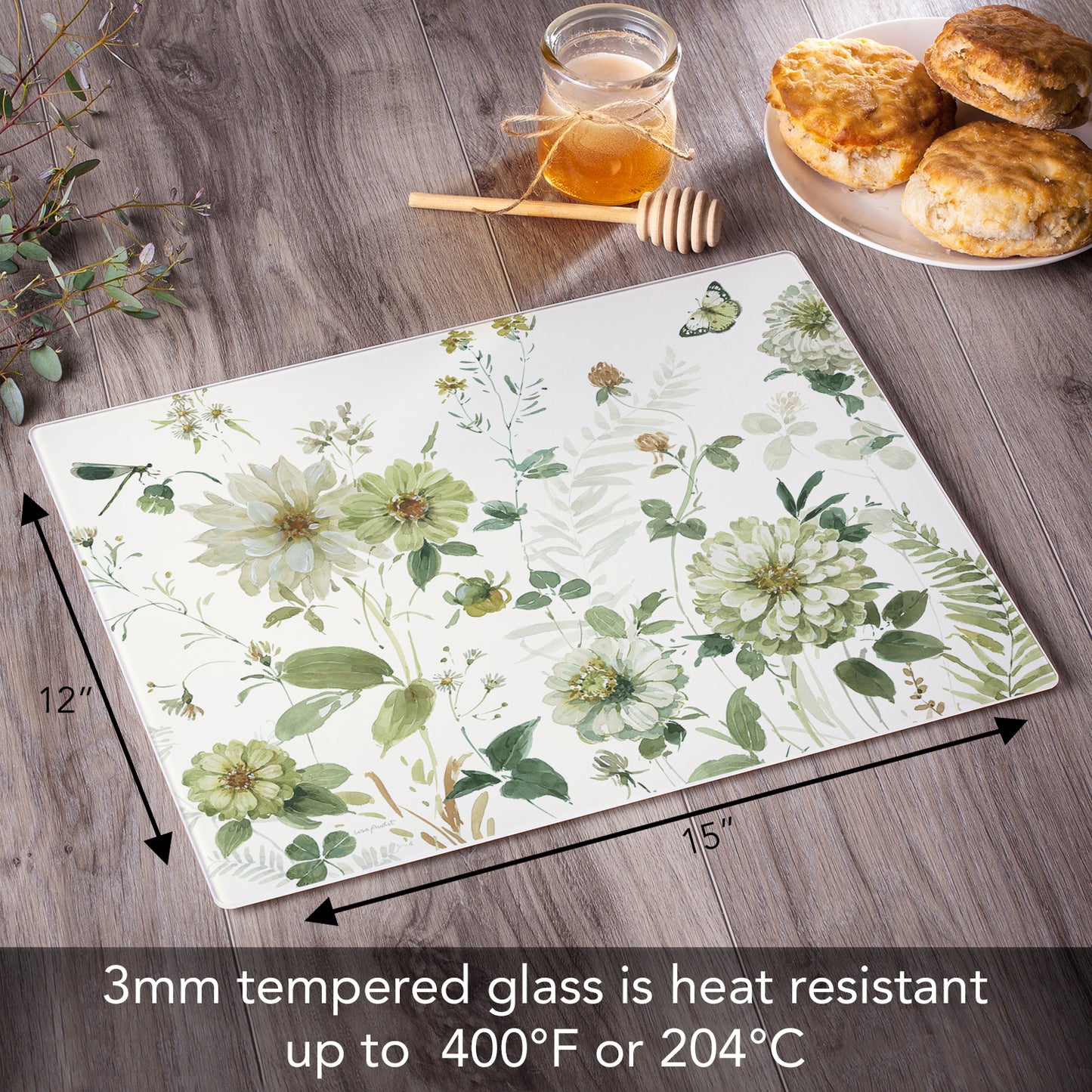 CounterArt Green Fields 3mm Tempered Glass Cutting Board 15" x 12" Manufactured in the USA