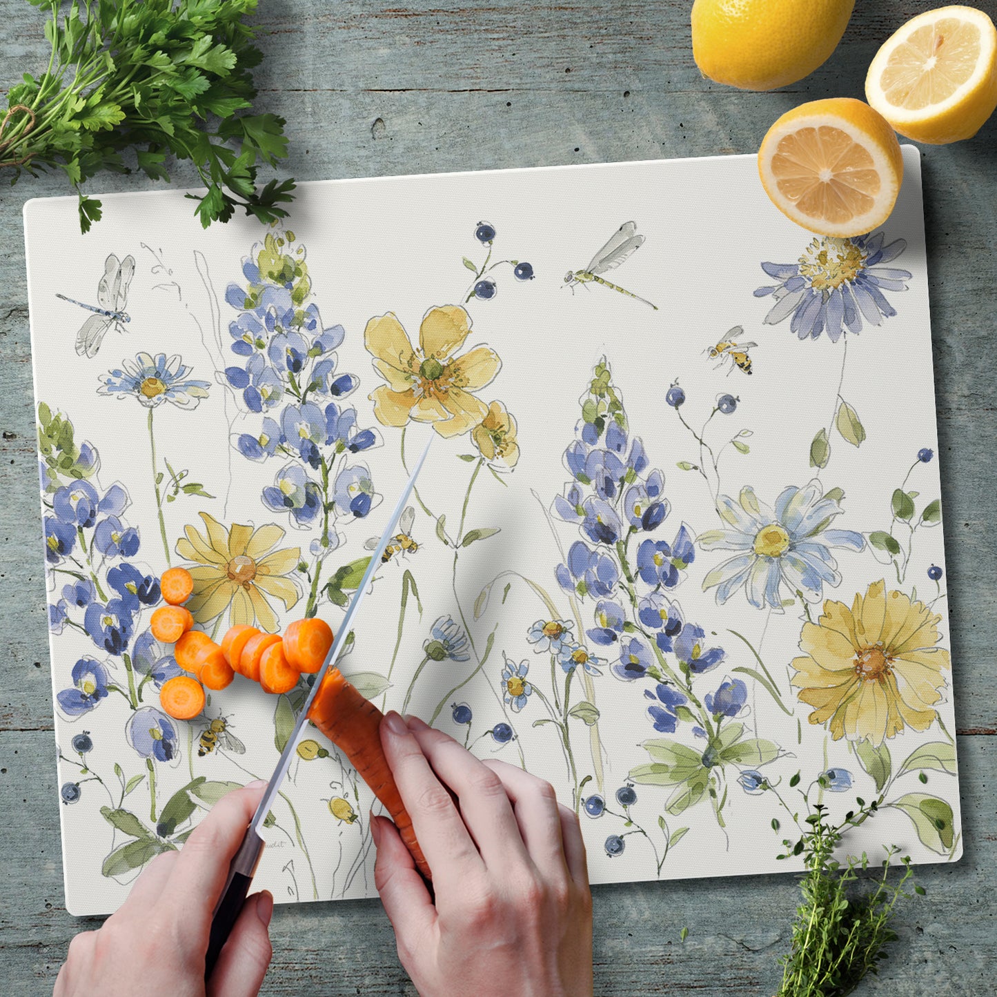 CounterArt Lovely Blue Florals 3mm Tempered Glass Cutting Board 15" x 12" Manufactured in the USA