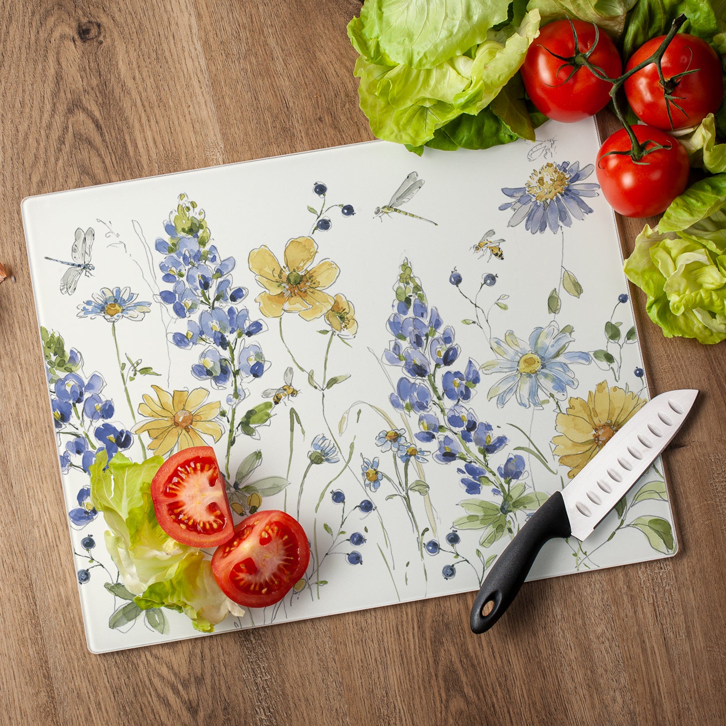 CounterArt Lovely Blue Florals 3mm Tempered Glass Cutting Board 15" x 12" Manufactured in the USA