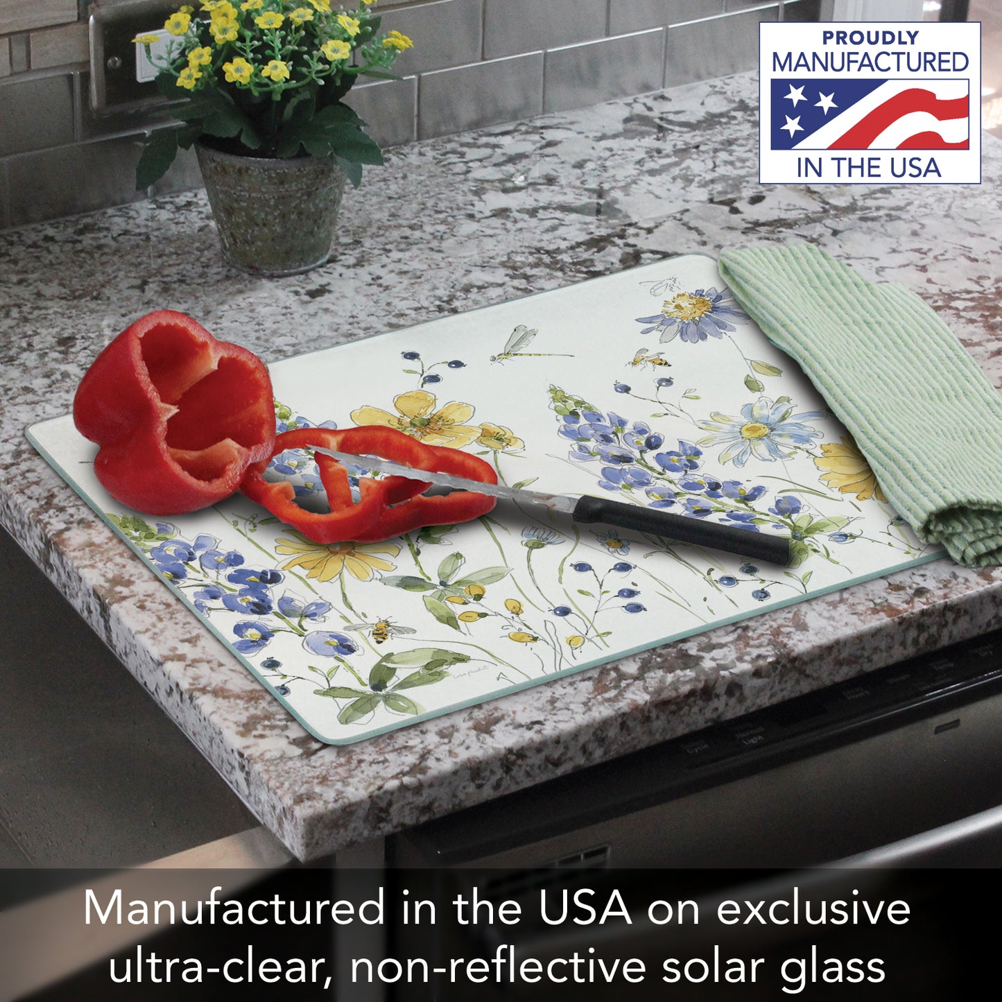 CounterArt Lovely Blue Florals 3mm Tempered Glass Cutting Board 15" x 12" Manufactured in the USA