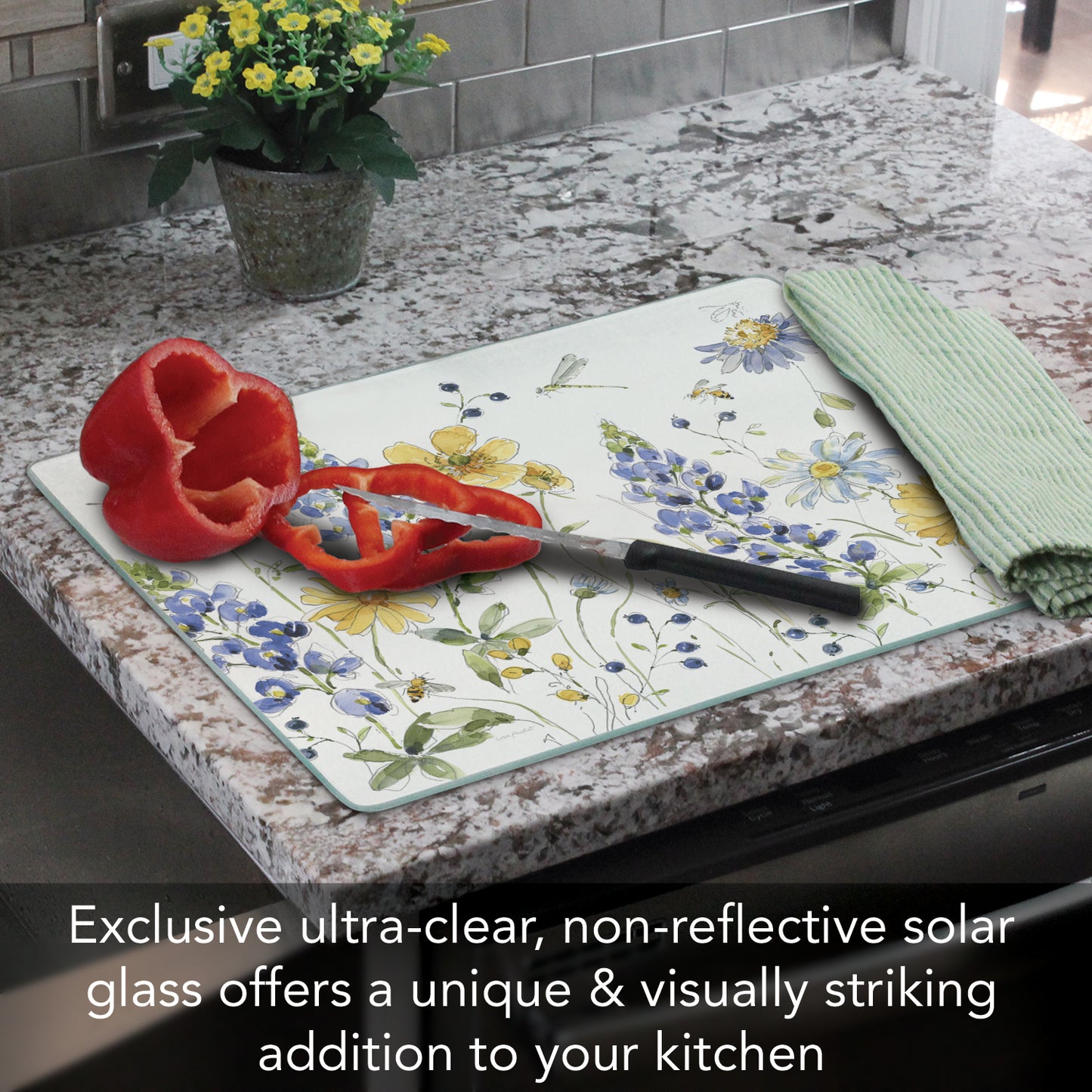 CounterArt Lovely Blue Florals 3mm Tempered Glass Cutting Board 15" x 12" Manufactured in the USA