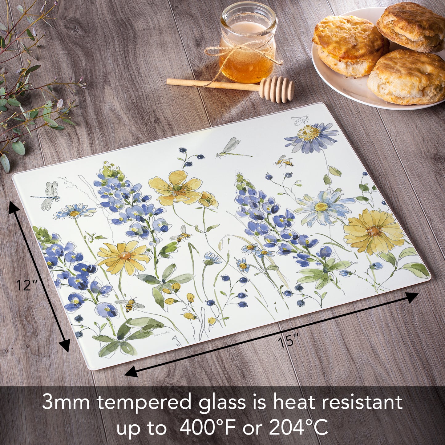 CounterArt Lovely Blue Florals 3mm Tempered Glass Cutting Board 15" x 12" Manufactured in the USA