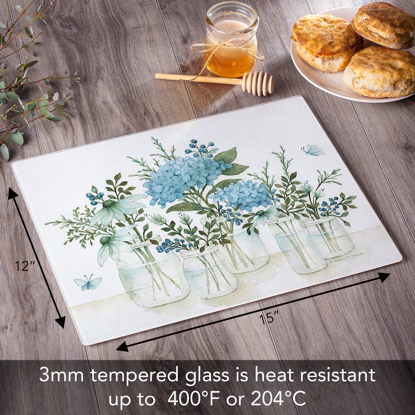 CounterArt Mason Jar Florals 3mm Tempered Glass Cutting Board Manufactured in the USA Serving Board Charcuterie Board Dishwasher Safe
