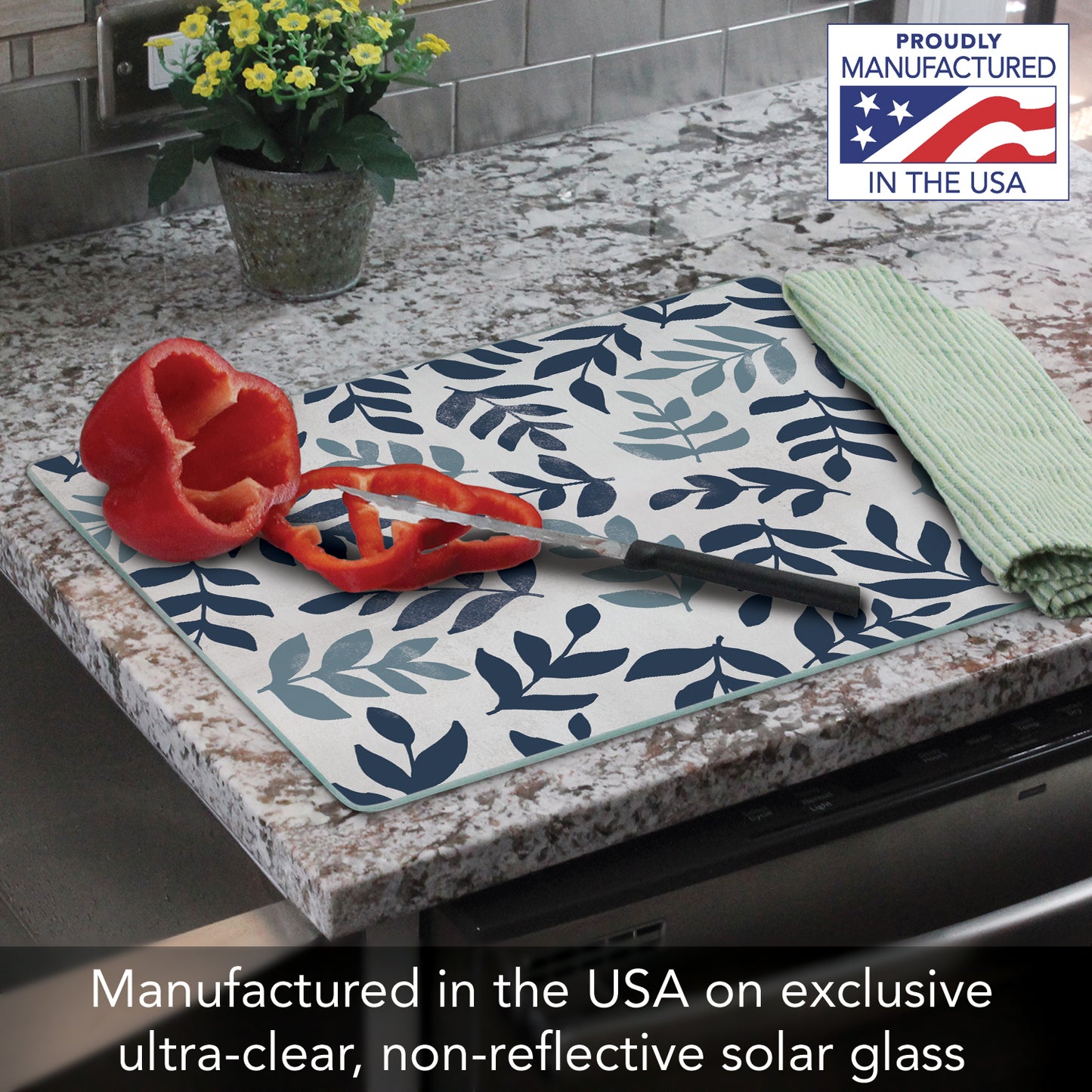 CounterArt Meadow Leaf Floral 3mm Tempered Glass Cutting Board 15” x 12” Manufactured in the USA