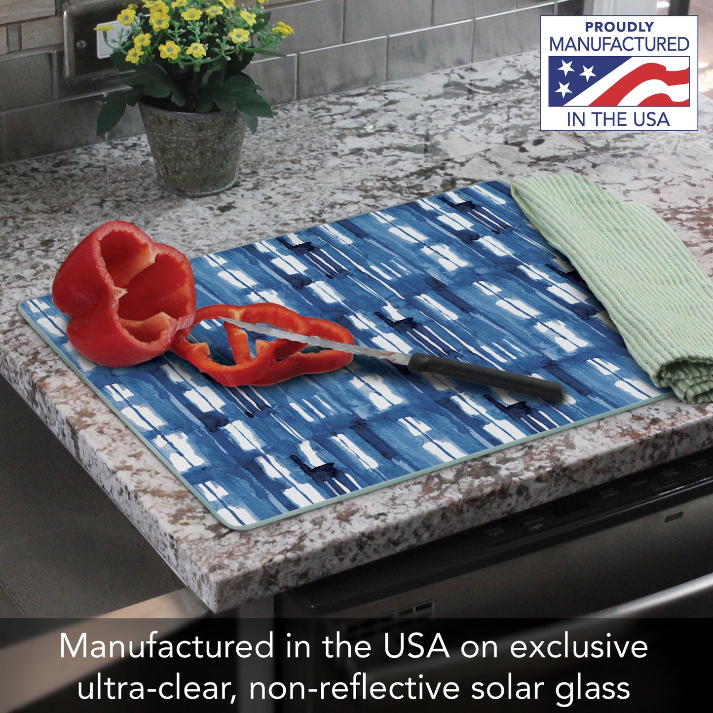 CounterArt Indigo Lines 3mm Tempered Glass Cutting Board 15” x 12” Manufactured in the USA