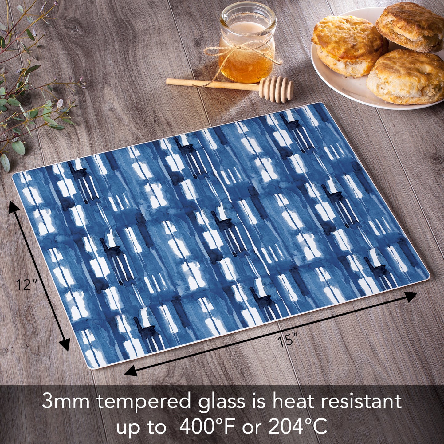 CounterArt Indigo Lines 3mm Tempered Glass Cutting Board 15” x 12” Manufactured in the USA
