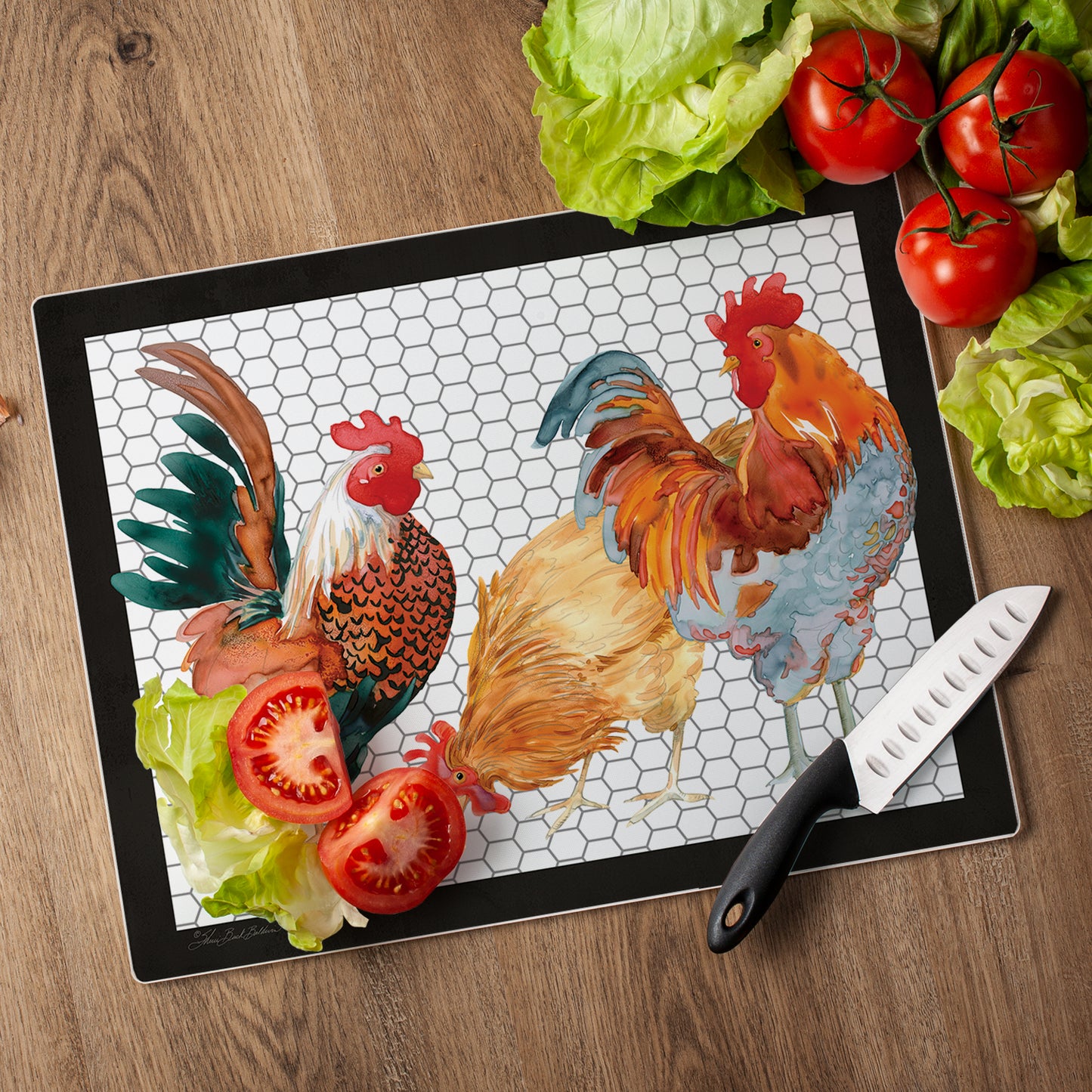 CounterArt Whimsical Roosters 3mm Tempered Glass Cutting Board 15" x 12" Manufactured in the USA