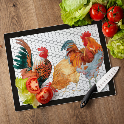 CounterArt Whimsical Roosters 3mm Tempered Glass Cutting Board 15" x 12" Manufactured in the USA